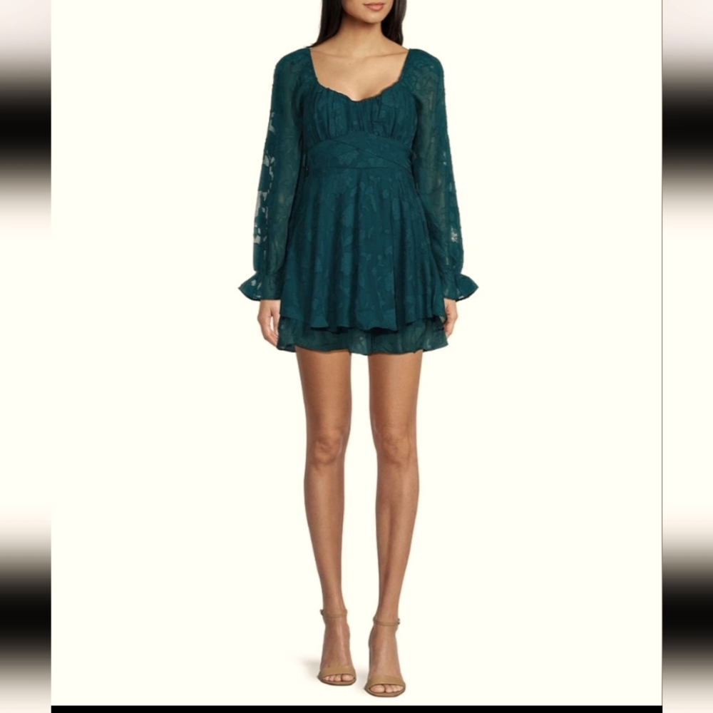 Allison & Kelly Long Sleeve V-Neck Floral Clip Jacquard Dress Teal